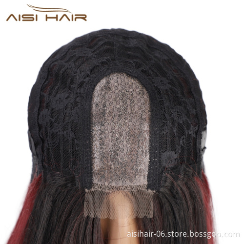 Aisi Hair Long Silky Straight Ombre Wine Synthetic Fiber Wigs For Black Women Long Middle Part Machine Made Synthetic Wigs